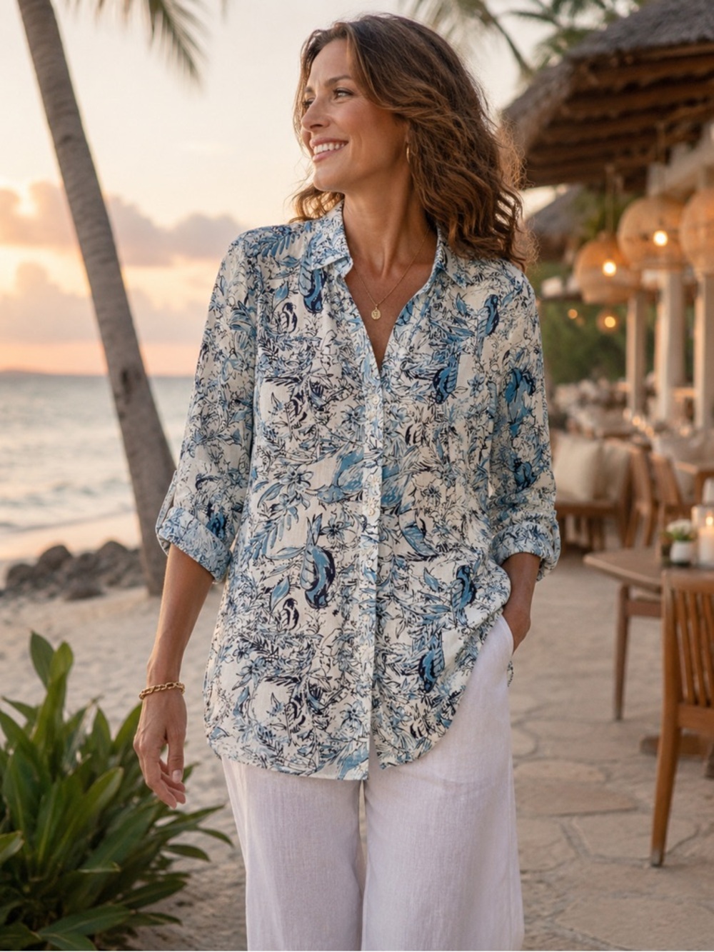 Tahari Womens 100% Linen Tropical Bird Print Button Up Shirt Beach Resort Small